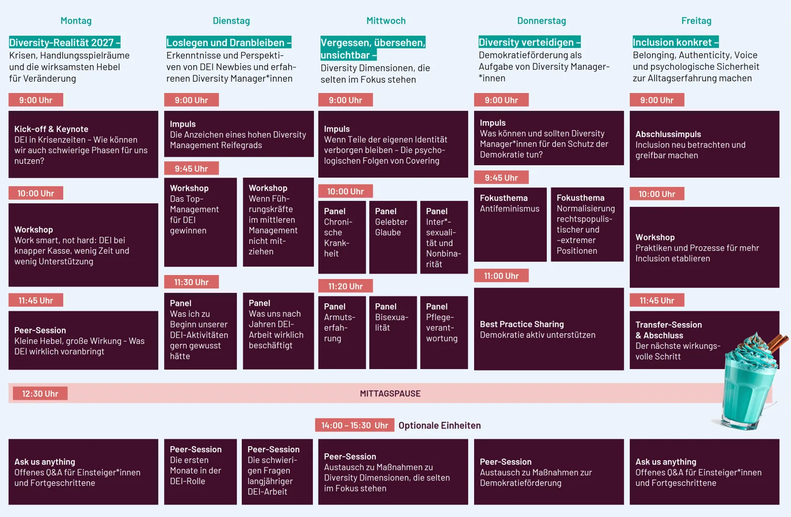 Programmübersicht der DiversityWinterSchool 2027 von Montag bis Freitag – Details als Text unterhalb